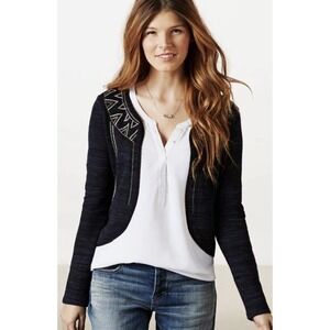 American Eagle Cardigan Women's Medium Open Front Beaded Blue Black Aztec Boho